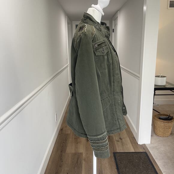 BB Dakota Sz M Military Style Jacket Green Quilted Boho Bella Mock Neck FLAW - Picture 2 of 12